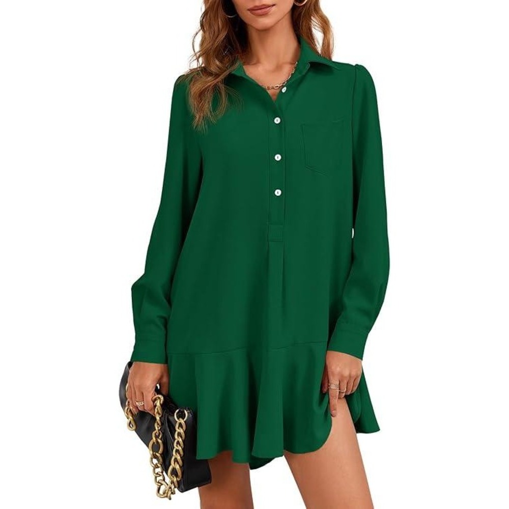 Fiseow Green Long Sleeve Shirt Dress Ruffle‎ Hem Button Front Pocket Size M